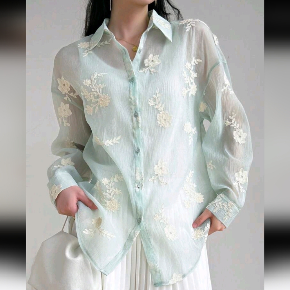 Women's Embroidered Button Up Front Long Sleeve Elegant Blouse, Summer - Picture 5 of 5
